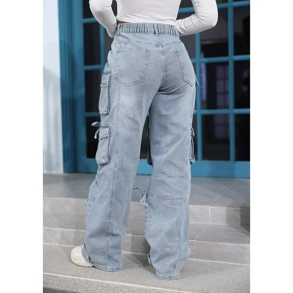 Women’s Baggy Cargo Jeans Cotton High Waist Streetwear Casual Y2K - Picture 5 of 5